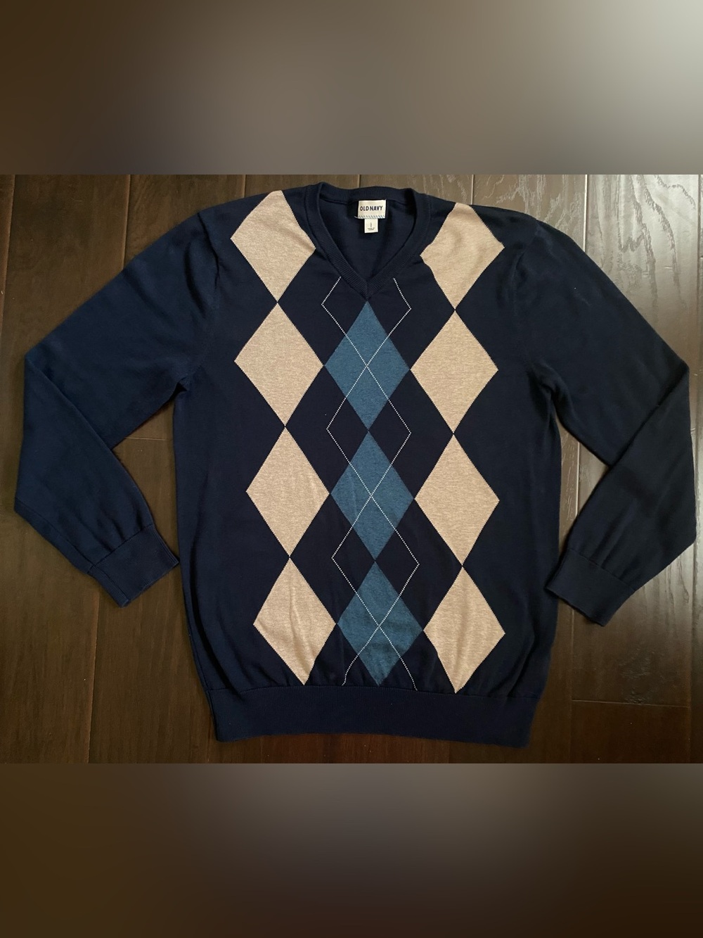 Old Navy Argyle Sweater Mens Blue V Neck Retro Large